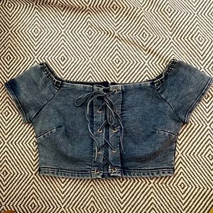 Trac M/L Denim Blue Crop Top, Tied Front & Zippered Back
